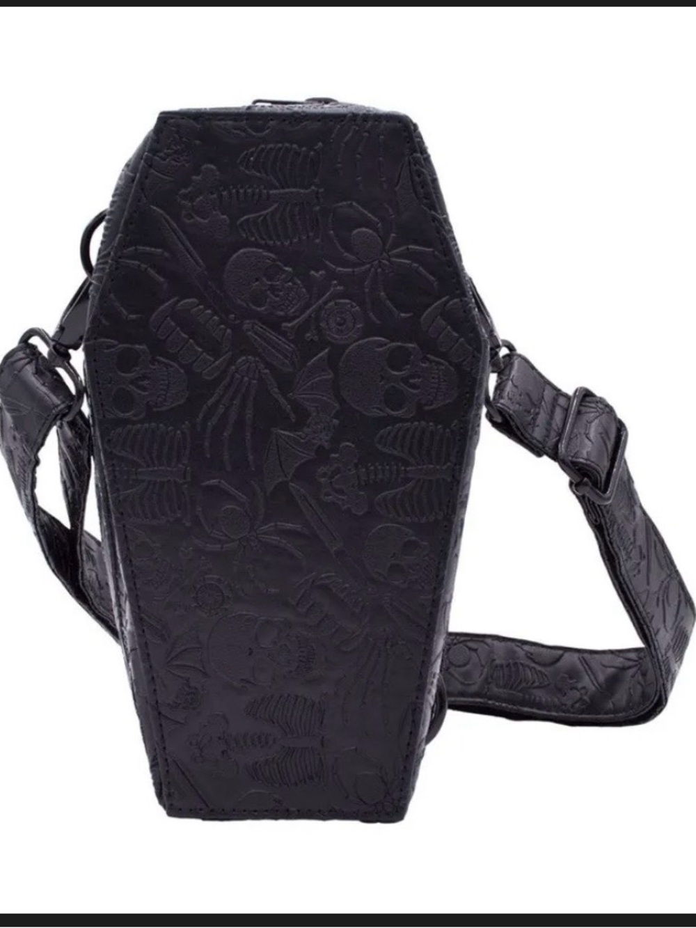 Kreepsville Black Coffin Crossbody Bag with Embossed Skull Design